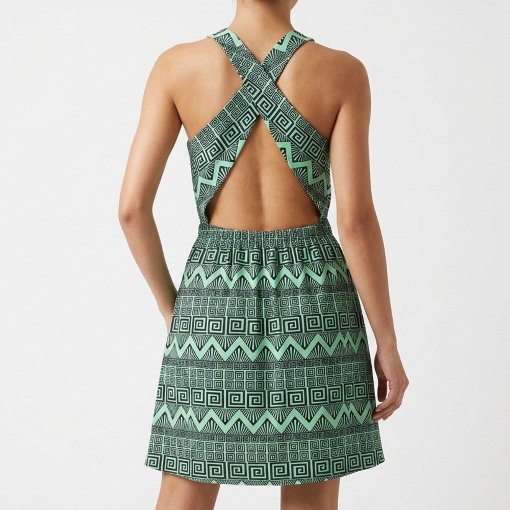 TYCHE Mint Black Geometric Halter Cross Open Back Retro Boho Chic Mini Dress L